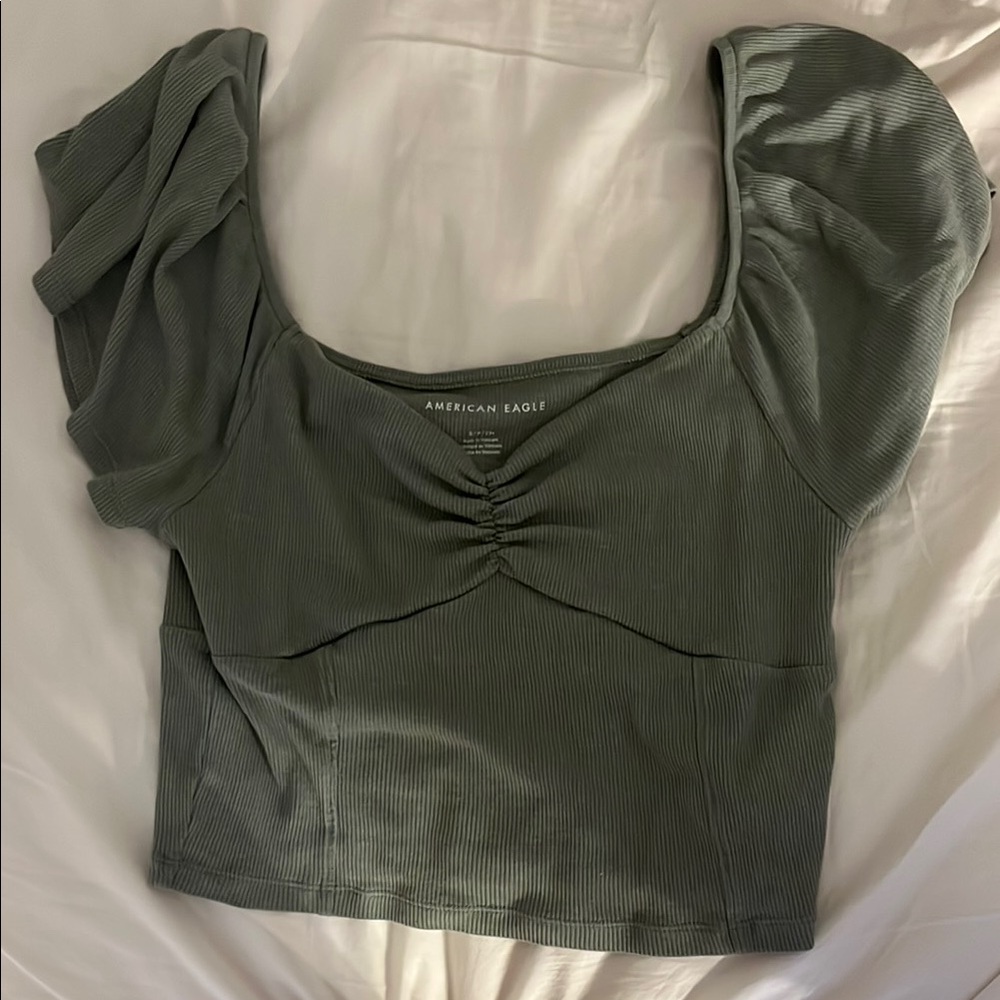 American Eagle Outfitters Green Puff Sleeve Crop Blouse